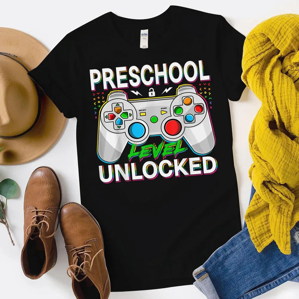 First Day Of Preschool Level Unlocked School Gamer Boys Kids Shirt Unisex Standard T-Shirt black s