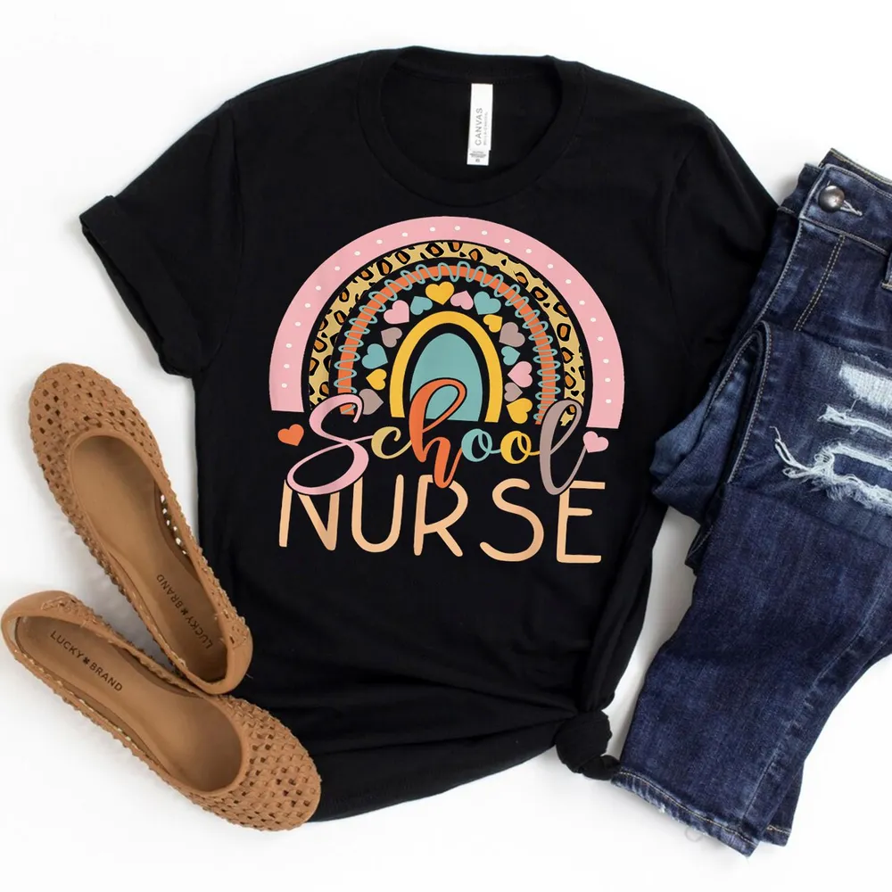Funny School Nurse Rainbow Leopard Nurse Back To School Shirt Unisex Standard T-Shirt black s