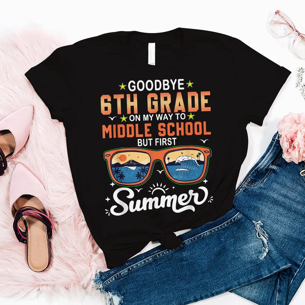 Goodbye 6th Grade Graduation To 7th Grade Hello Summer Kids Shirt Unisex Standard T-Shirt black s